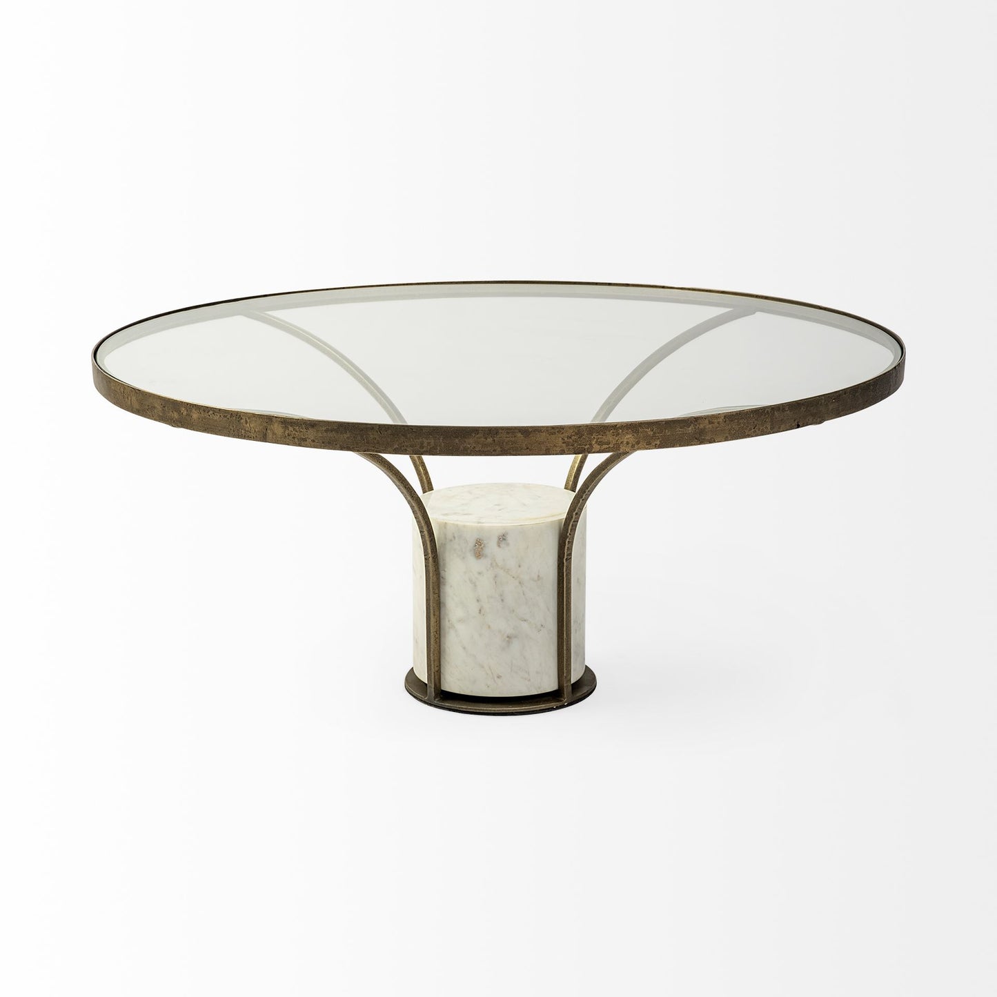 Jacinta 36" Round Glass Top Metal and Marble Pedestal Coffee Table