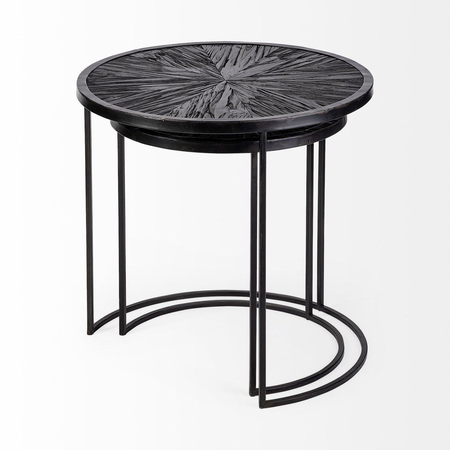 Chakra 19.7" Set of Two Round Dark Wood Top Black Frame Accent Tables