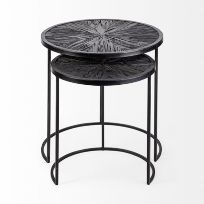 Chakra 19.7" Set of Two Round Dark Wood Top Black Frame Accent Tables