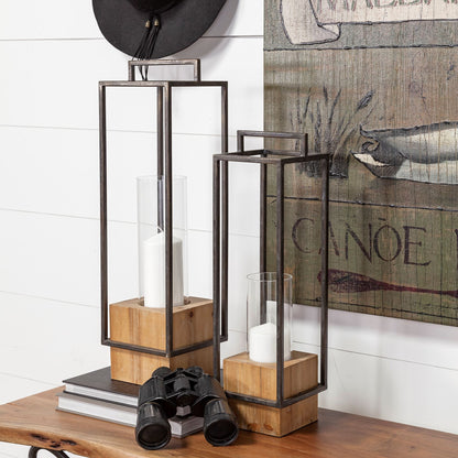 Orionis Large Wood w/ Black Metal Lantern Candle Holder