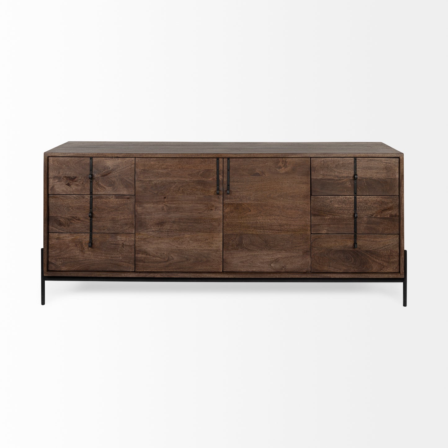 Glenn VI 71.5x18 Dark Brown Wood Frame w/ Black Iron Accent, 6 Drawer, 2 Door Cabinet Sideboard