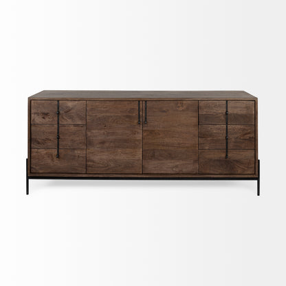 Glenn VI 71.5x18 Dark Brown Wood Frame w/ Black Iron Accent, 6 Drawer, 2 Door Cabinet Sideboard