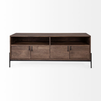 Glenn IV Dark Brown Wood w/ Black Iron Frame Media Console w/ Storage, TV Stand for TV up to 71"
