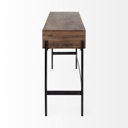Glenn III 56L x 14W Dark Brown Wood w/ Black Iron Frame, 4 Drawer Console Table