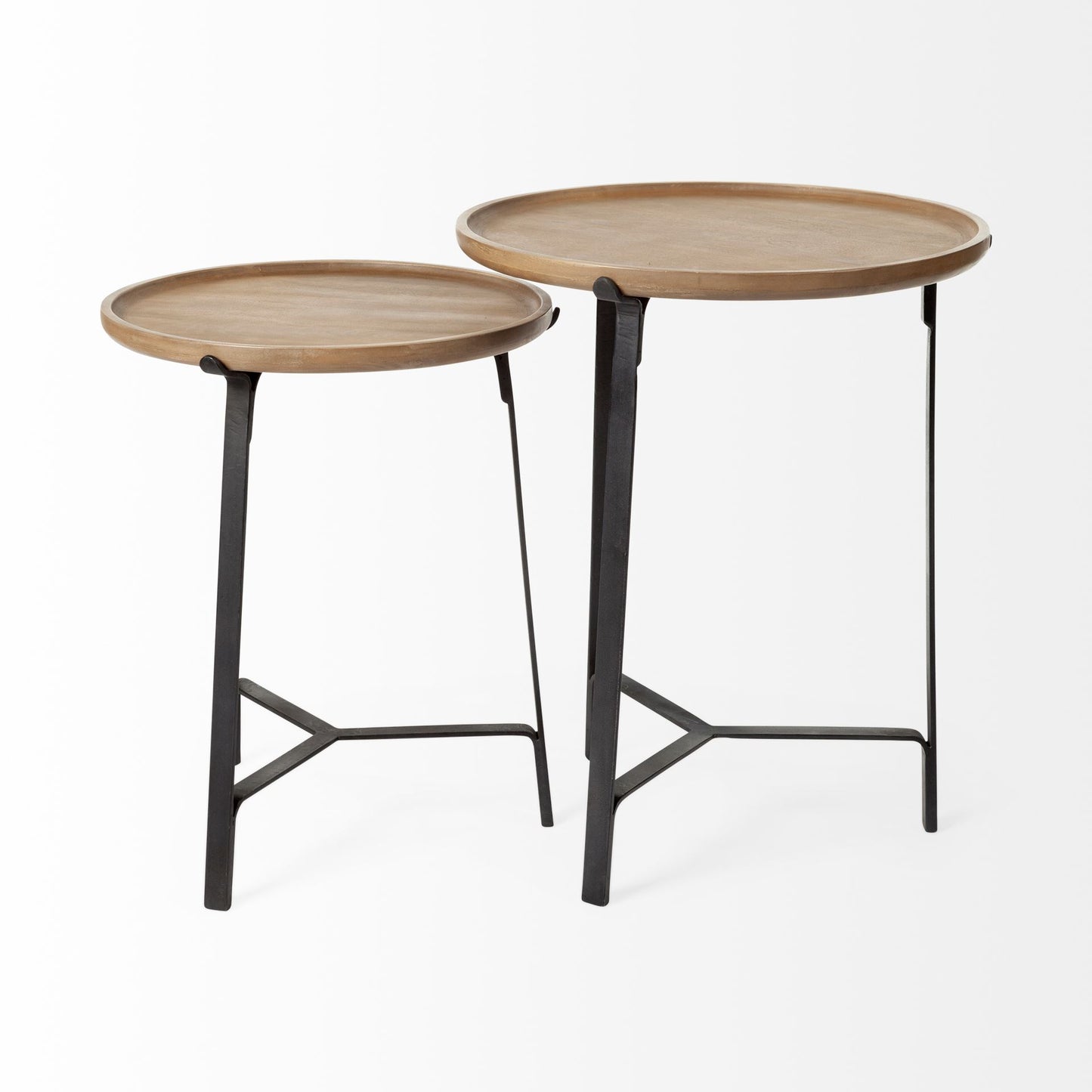 Helios III 20L x 24H Set of Two Round Brown Solid Wood Iron Base Nesting End/Side Tables