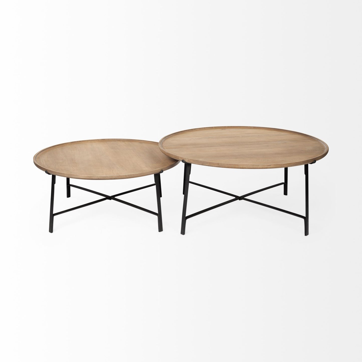 Helios (Set of 2) Brown Solid Wood Top Black Metal Base Nesting Coffee Tables