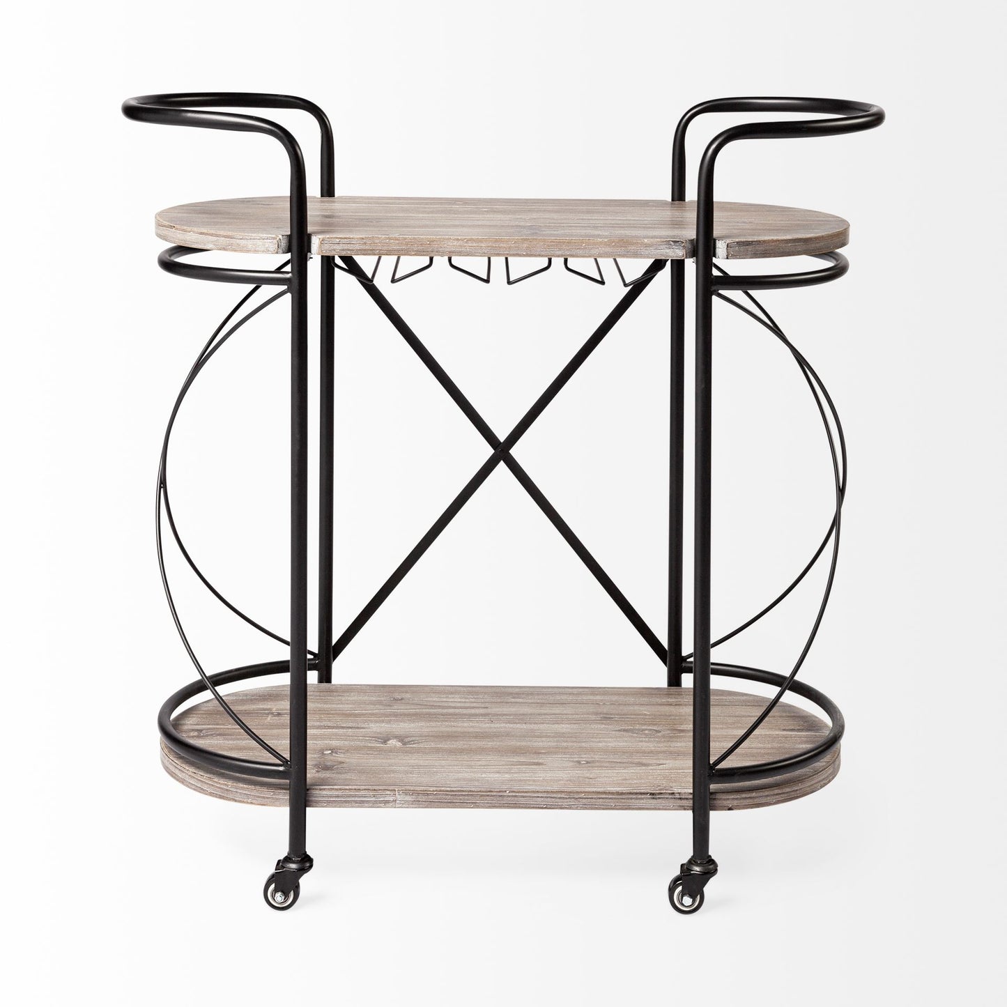 Marlon Black Metal Frame Two Tier Shelves w/Stemware holder Bar Cart