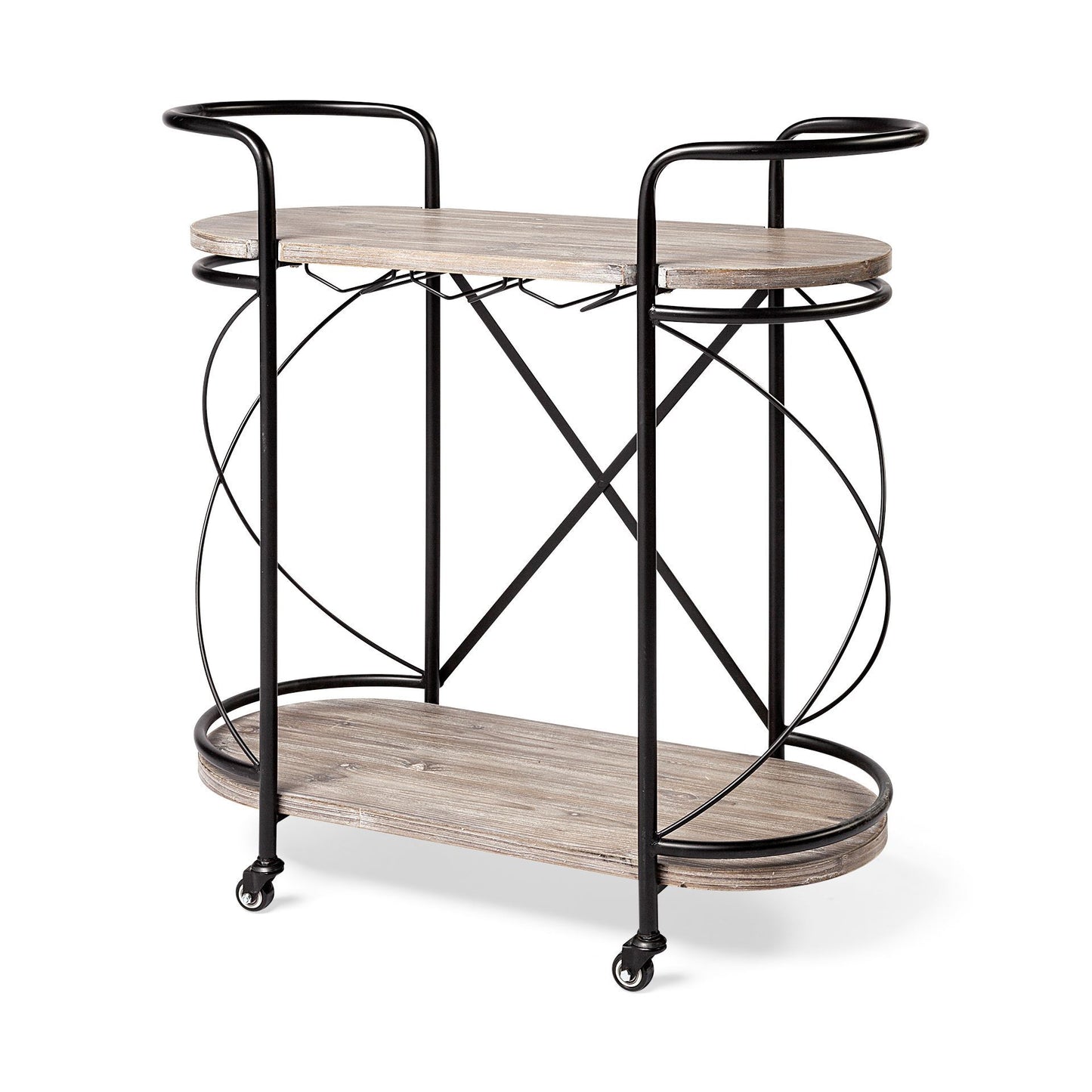 Marlon Black Metal Frame Two Tier Shelves w/Stemware holder Bar Cart