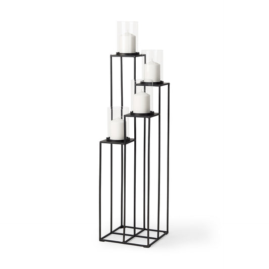 Cindy 4-Tier, Matte Black Metal w/ Hurricane Glass, Pillar Candle Floor Lantern