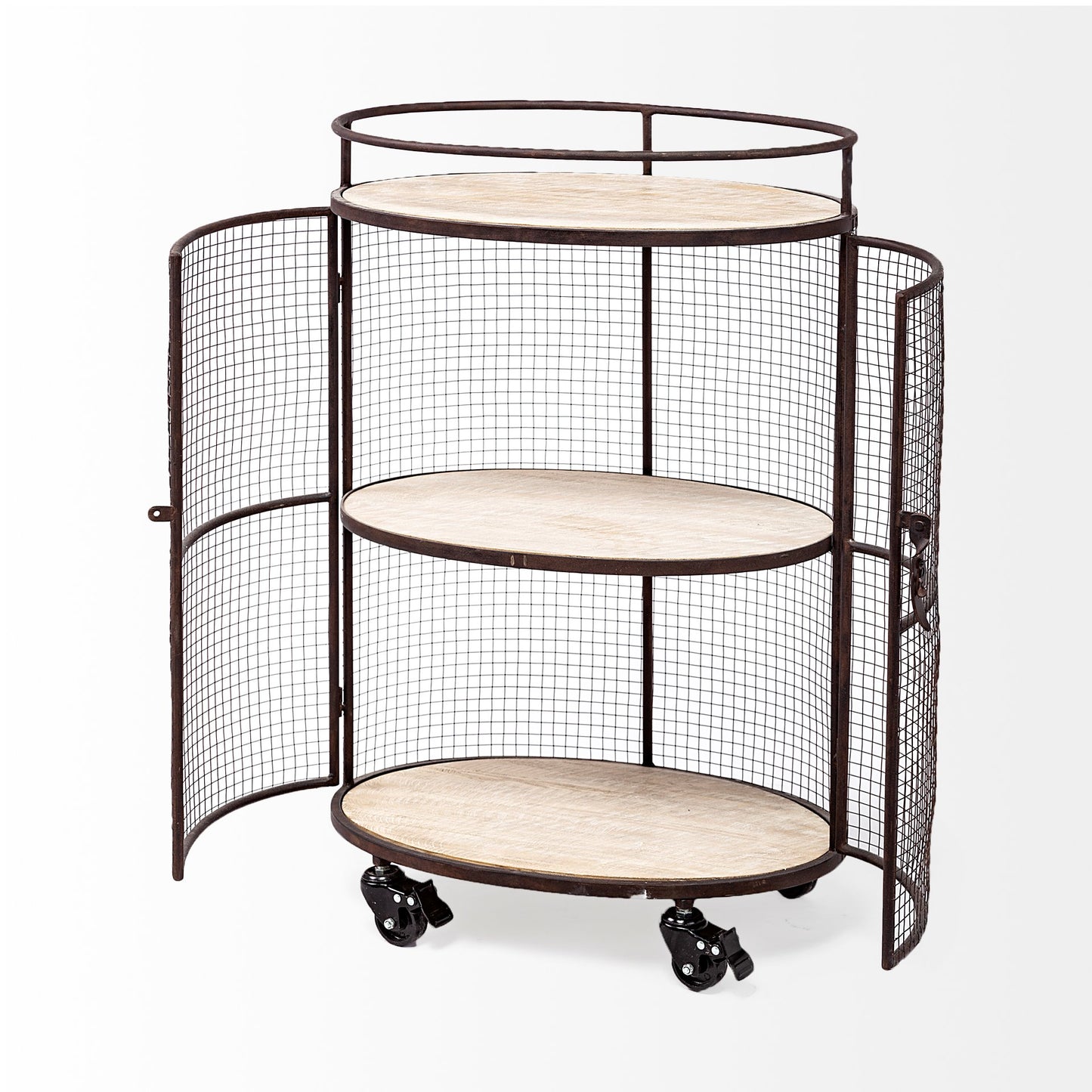 Saluti II Black Metal Frame cage w/three wood shelves oval Bar Cart