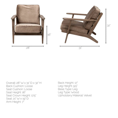 Olympus II Brown Velvet Covered Wooden Frame Accent Chair