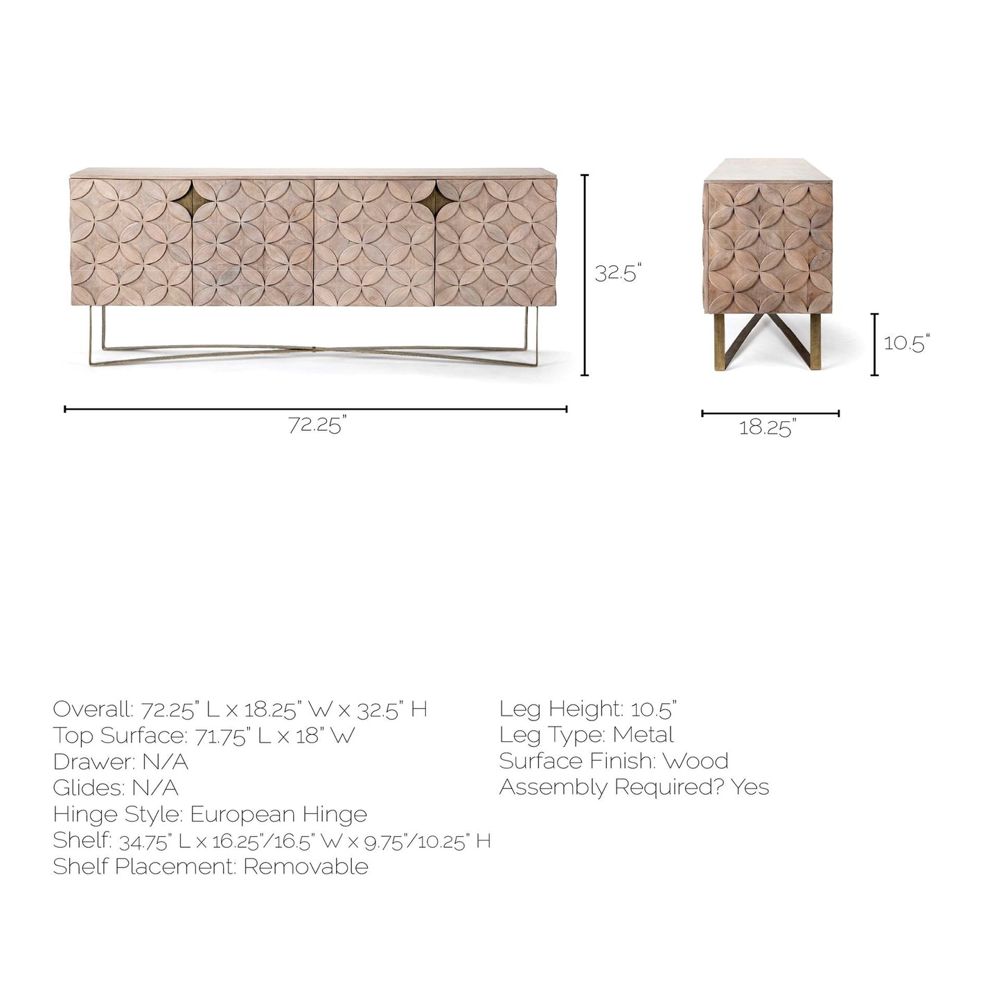 Excelsior I (72x18.3) Solid Wood Gold Metal Base 4 Cabinet Door SideBoard