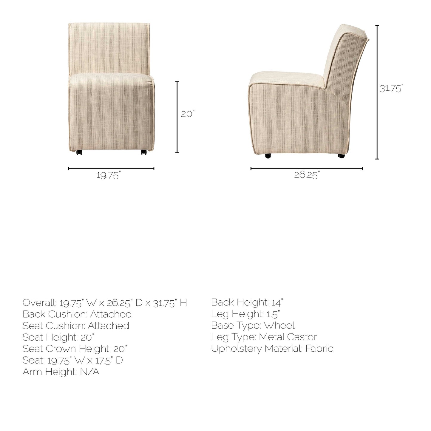 Damon Fully Upholstered Cream-Toned Fabric Dining Chair on Casters