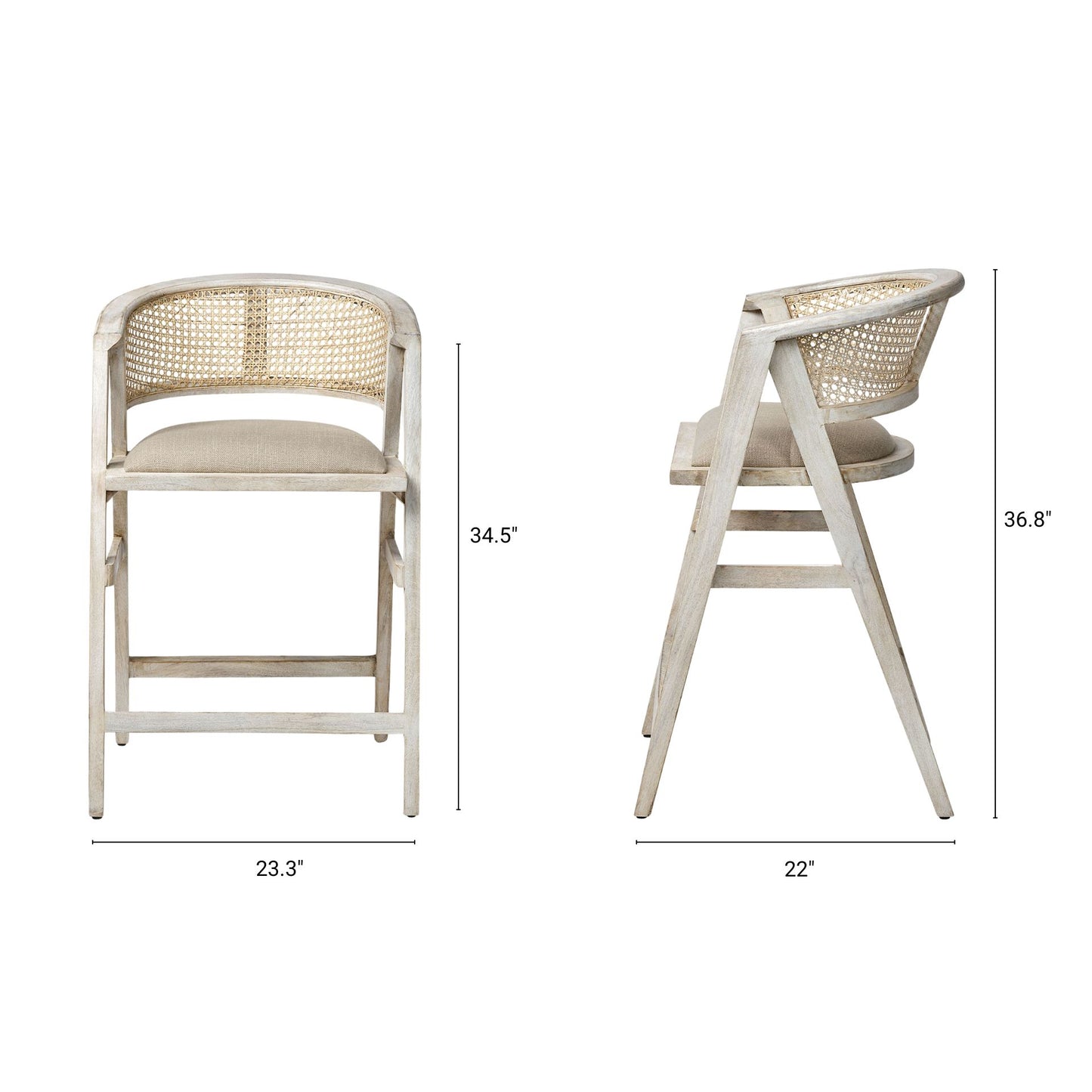 Tabitha 26.75" Seat Height Beige Fabric/Rattan Seat Blonde Wood Frame Counter Stool