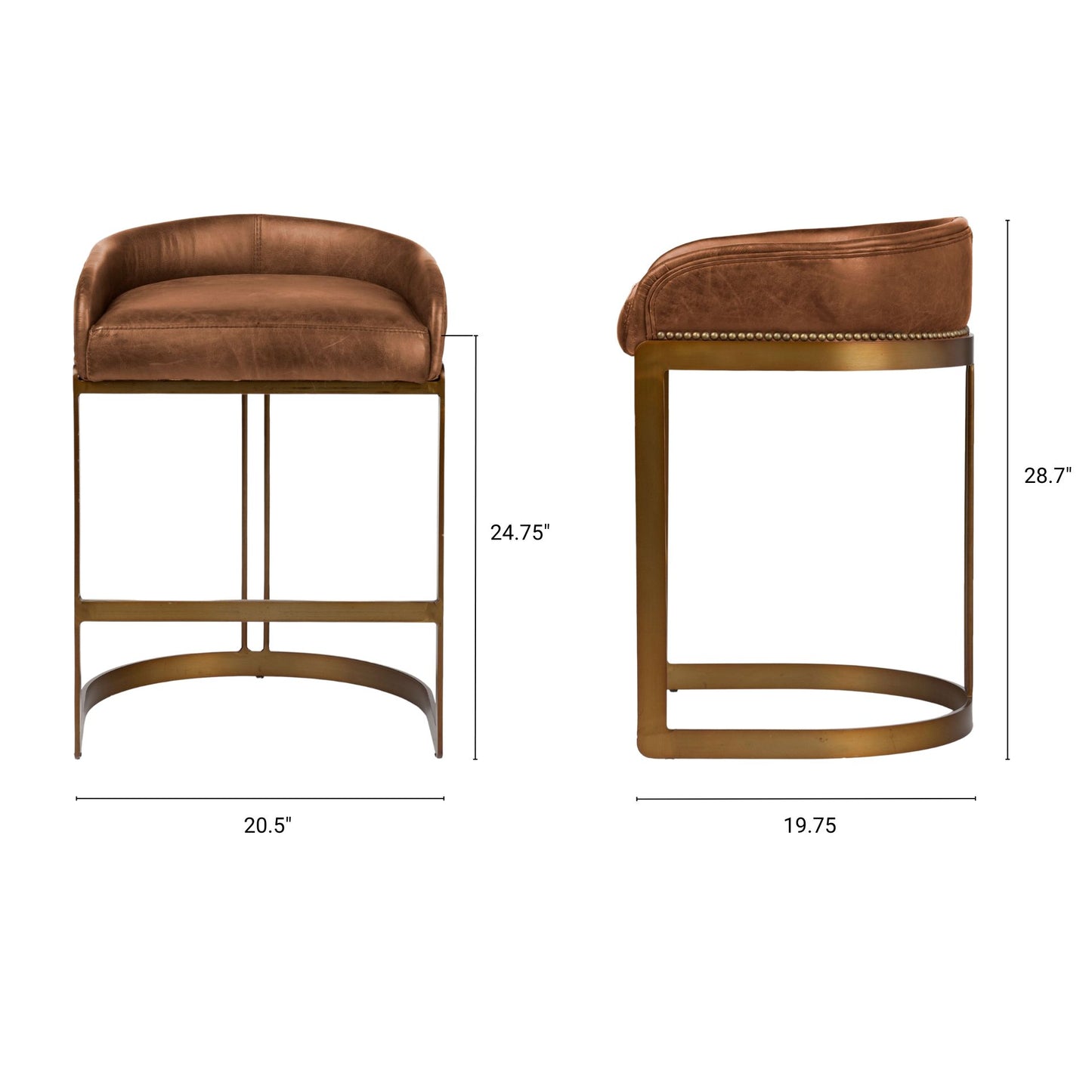 Hollyfield II Brown Leather Seat Gold Metal Base Stool