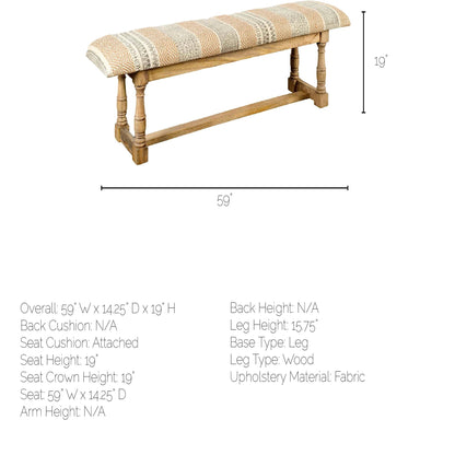 Greenfield II 59L x 14W Patterned Tan Upholstered Wood Frame Accent Bench