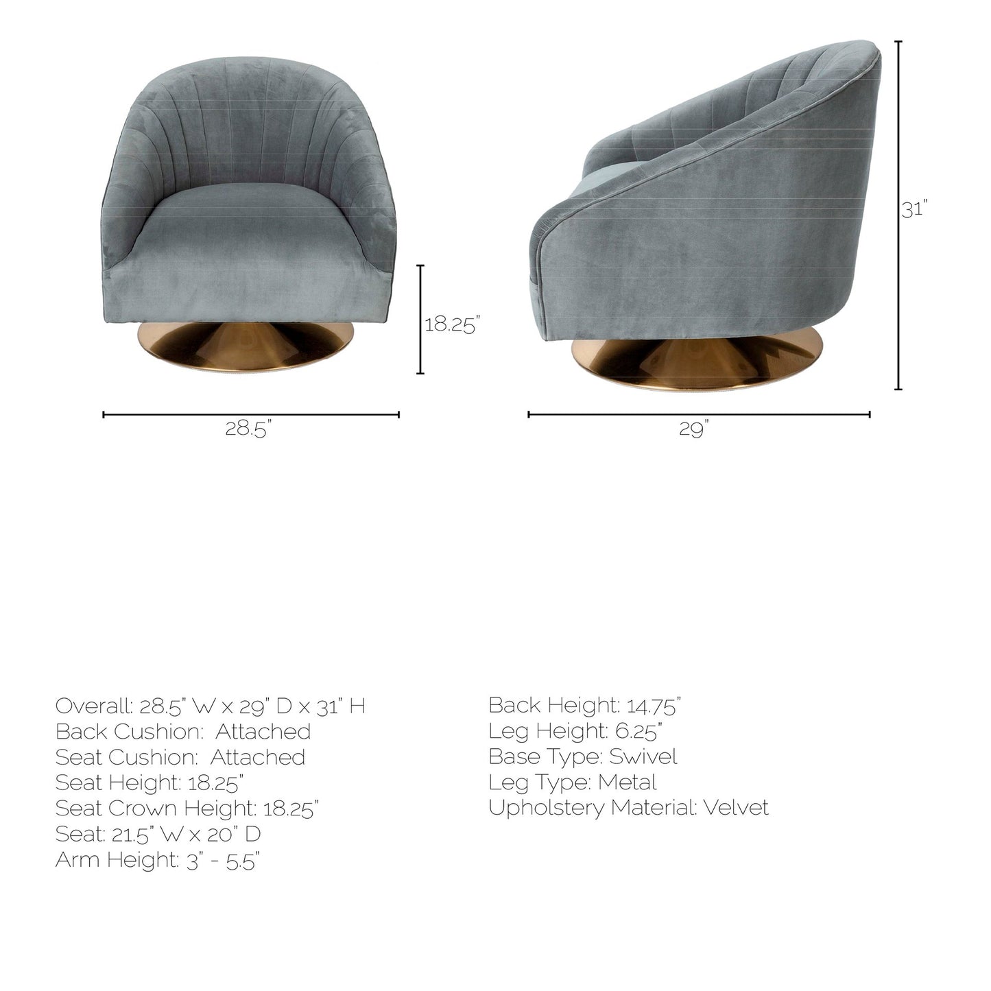 James II Gray Blue Velvet Covered Seat w Gold Swivel Base Accent Chair