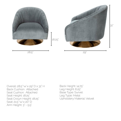 James II Gray Blue Velvet Covered Seat w Gold Swivel Base Accent Chair