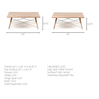 Kirby 40 X 40 X 15 Brown Solid Wood Top & Legs w/Metal Bracing Coffee Table