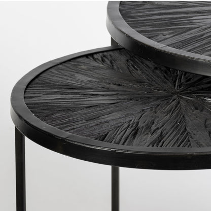 Chakra 19.7" Set of Two Round Dark Wood Top Black Frame Accent Tables