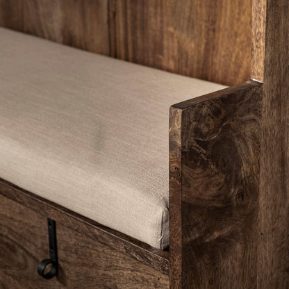 Glenn V 56L x 17W Dark Brown Wood w/ Cream Fabric Seat, 3 Drawers Hall Tree