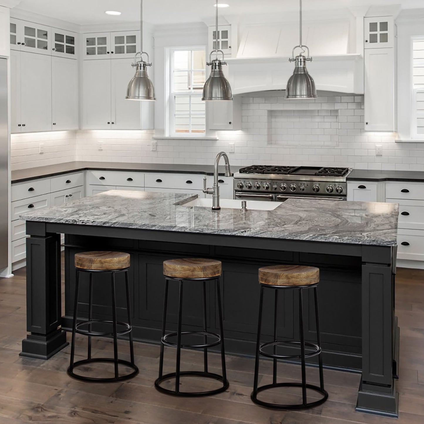 Flynn 26.25" Seat Height Brown Wood Seat Black Metal Frame Stool