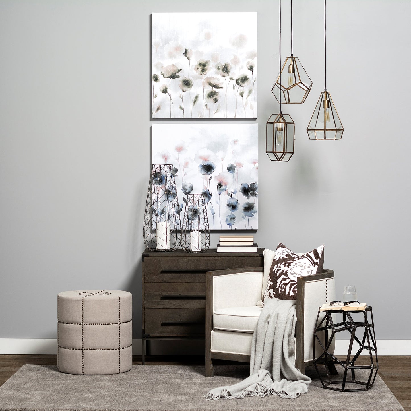 Beacon 20.5"H Cream Fabric w/ Metal Tacks Round Ottoman