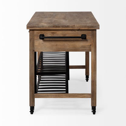 Stuart I Brown Solid Wood Top Two-Tier Black Metal Rolling Kitchen Island