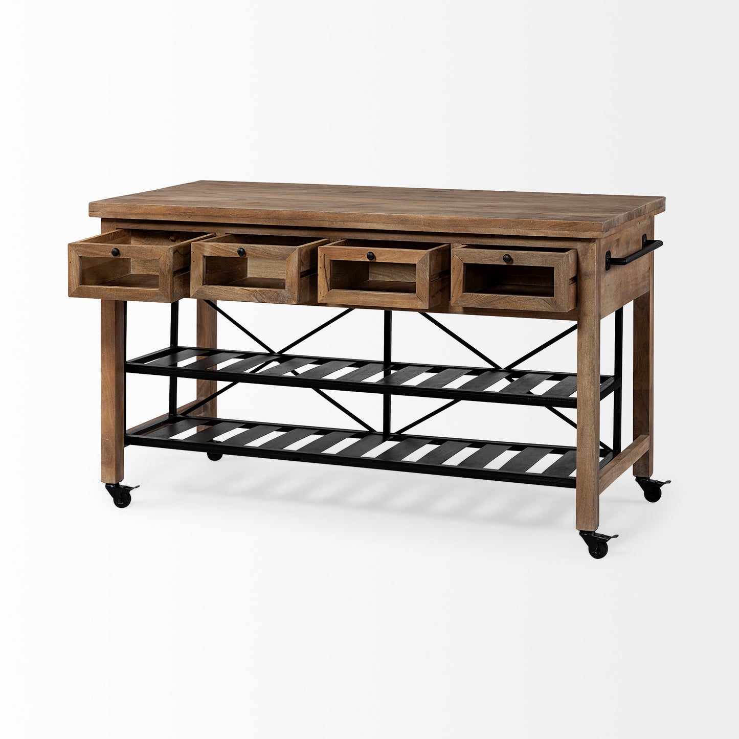 Stuart I Brown Solid Wood Top Two-Tier Black Metal Rolling Kitchen Island