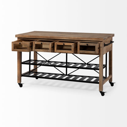 Stuart I Brown Solid Wood Top Two-Tier Black Metal Rolling Kitchen Island