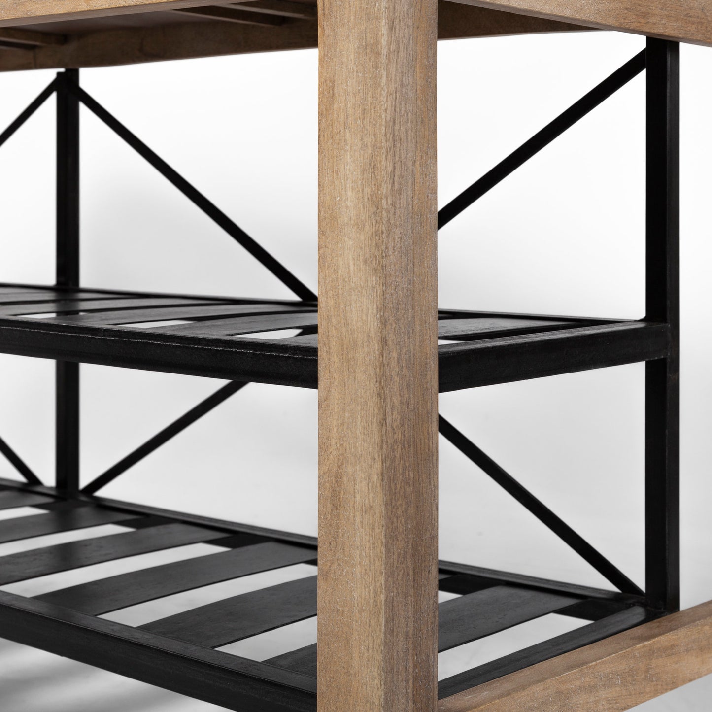 Stuart I Brown Solid Wood Top Two-Tier Black Metal Rolling Kitchen Island