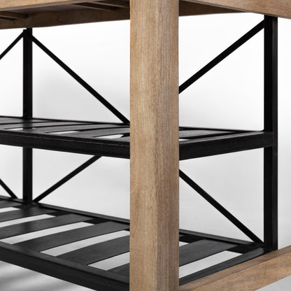 Stuart I Brown Solid Wood Top Two-Tier Black Metal Rolling Kitchen Island