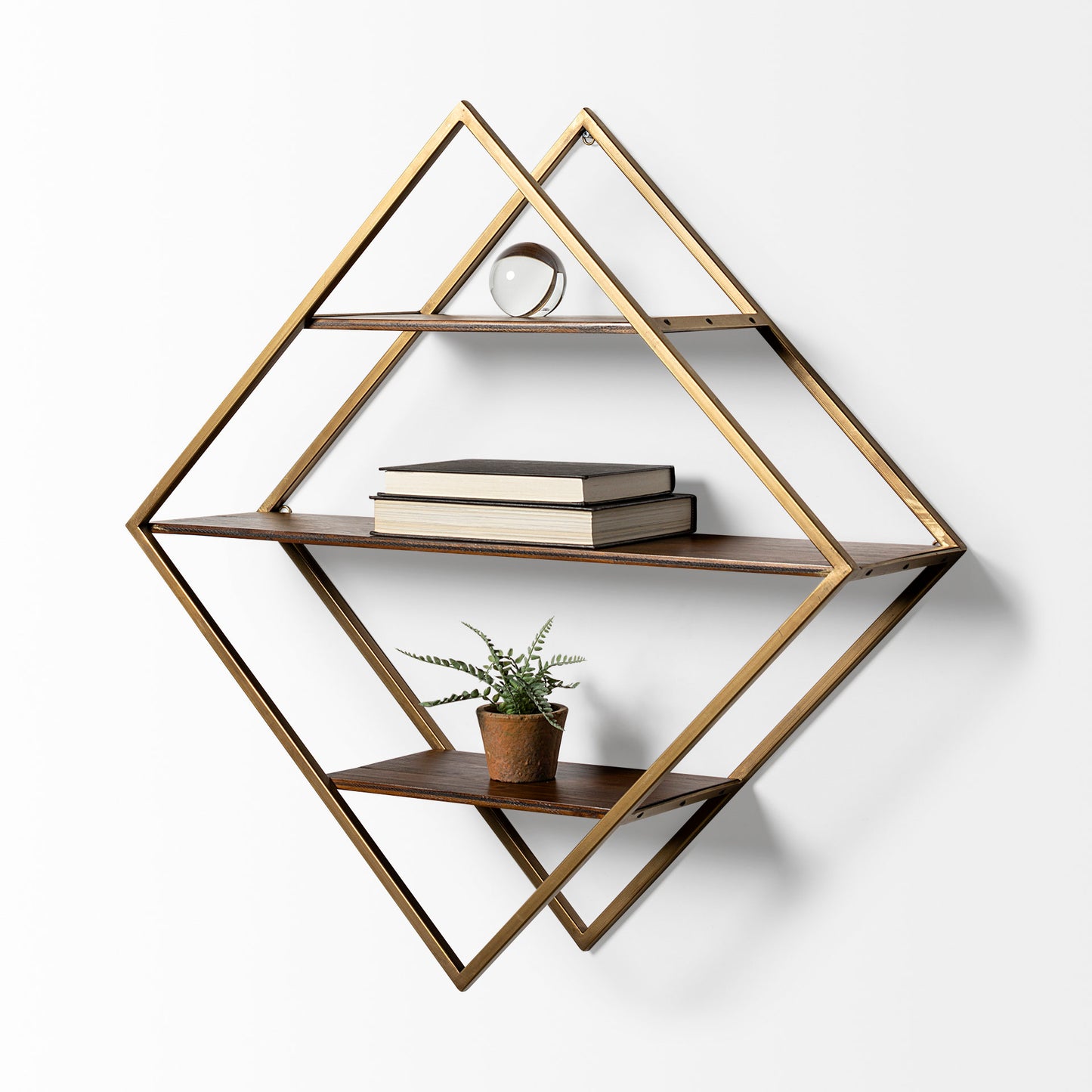 Neil I Diamond Shape Wall Mounted Brass Frame w Three Wood Wall Shelves