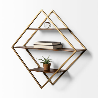 Neil I Diamond Shape Wall Mounted Brass Frame w Three Wood Wall Shelves