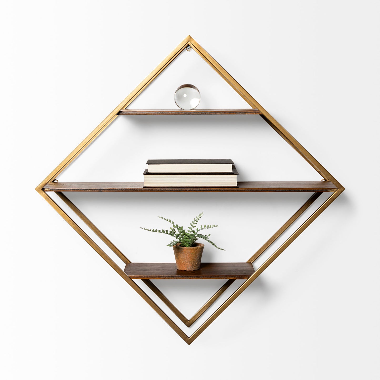 Neil I Diamond Shape Wall Mounted Brass Frame w Three Wood Wall Shelves