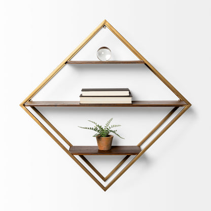 Neil I Diamond Shape Wall Mounted Brass Frame w Three Wood Wall Shelves