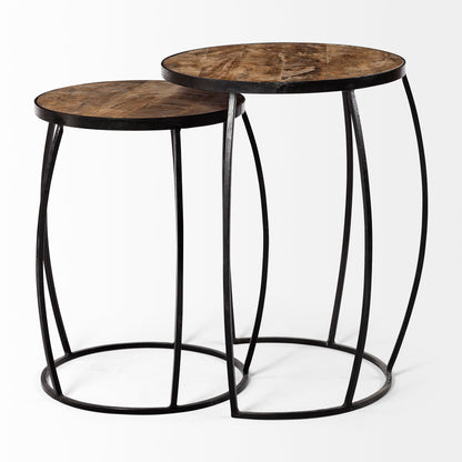 Clapp IV (Set of 2) 20L x 20W Brown Round Wood Top W/ Black Iron Frame Nesting Accent Tables