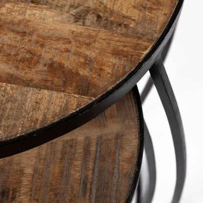 Clapp IV (Set of 2) 20L x 20W Brown Round Wood Top W/ Black Iron Frame Nesting Accent Tables