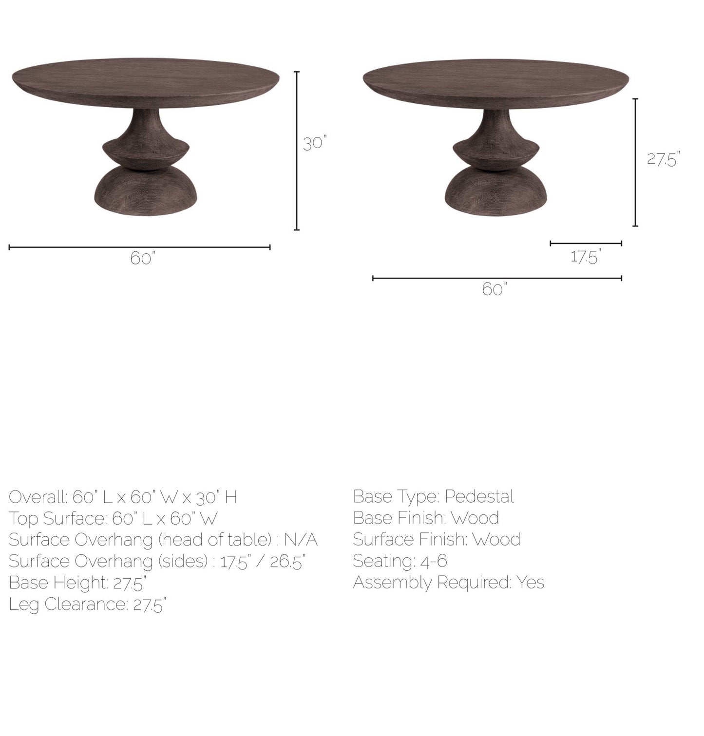 Crossman 60" Round Dark Brown/Gray Solid Wood Table Top & Base Dining Table