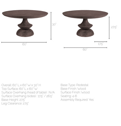 Crossman 60" Round Dark Brown/Gray Solid Wood Table Top & Base Dining Table