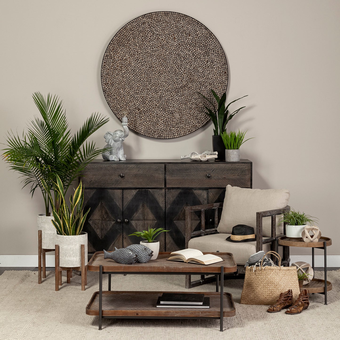 Kade III 16.9" Round Top Natural Brown Wood and Gray Metal Frame Tray-Style End/Side Table