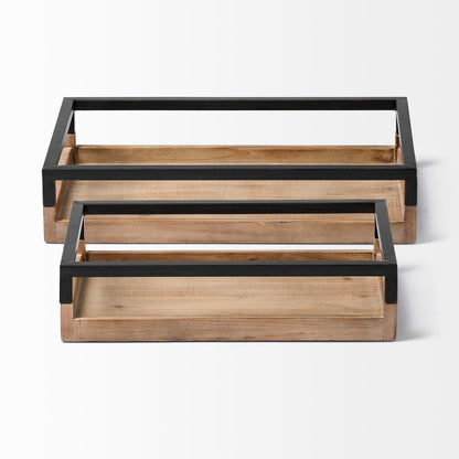 Ross Set of 2 Natural Wood W/ Black Metal Nesting Trays