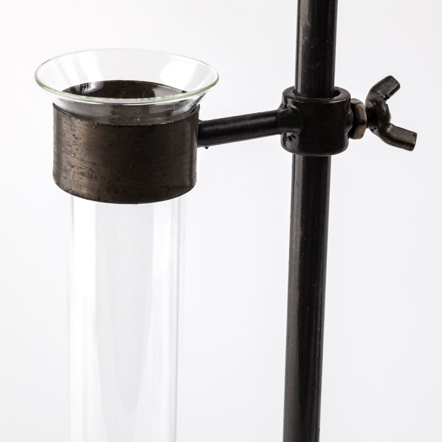 Jarvis Set of Five Dark Brown Metal and Glass Chemistry Inspired Bottles