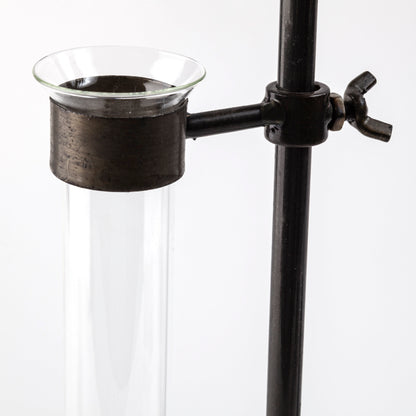 Jarvis Set of Five Dark Brown Metal and Glass Chemistry Inspired Bottles