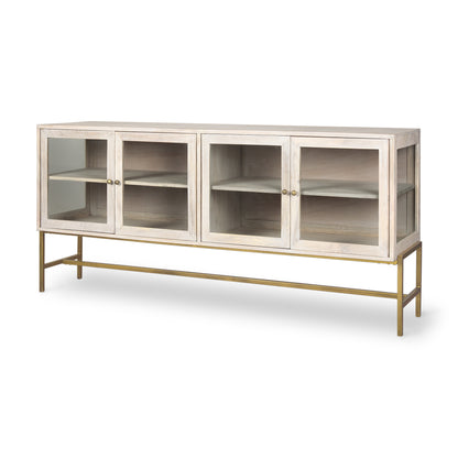 Arelius 70L x 18.75W x 32H White Wood W/ Gold Metal Base 4 Door Glass Cabinet Sideboard