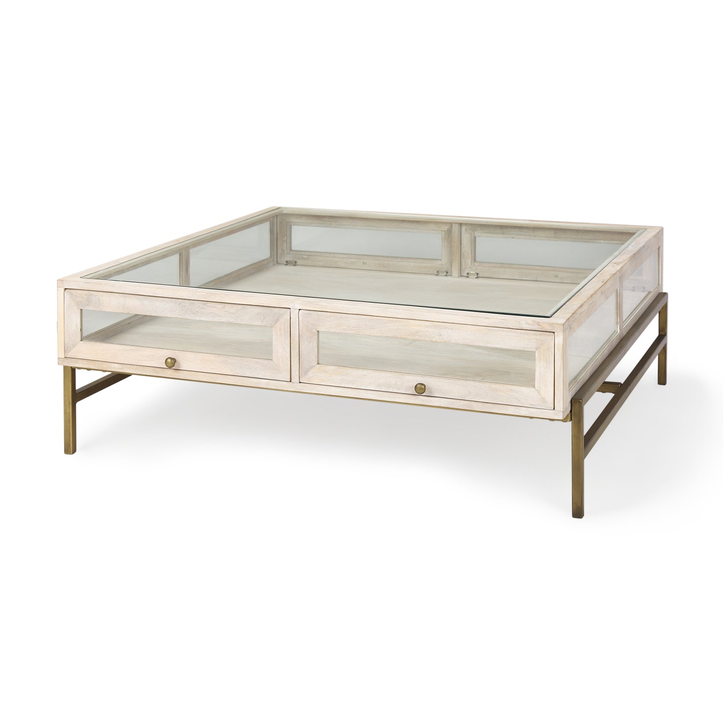 Arelius 42" Square Glass-Top White Wood w/ Gold Metal Base Display Coffee Table
