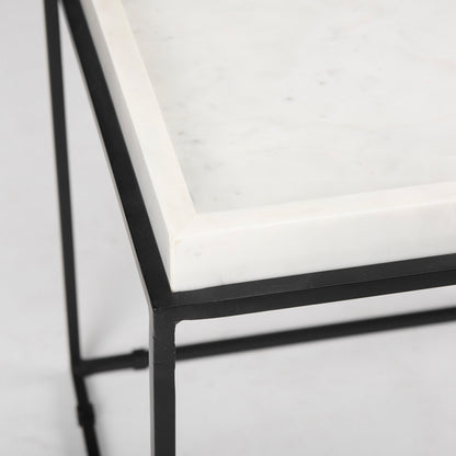 Nathan II 18" x 20" Square Top White Marble and Black Metal End/Side Table