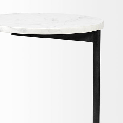 Ballatine II 15L x 15W x 27L White Marble Round Top White w/ Black Metal Base Accent Table