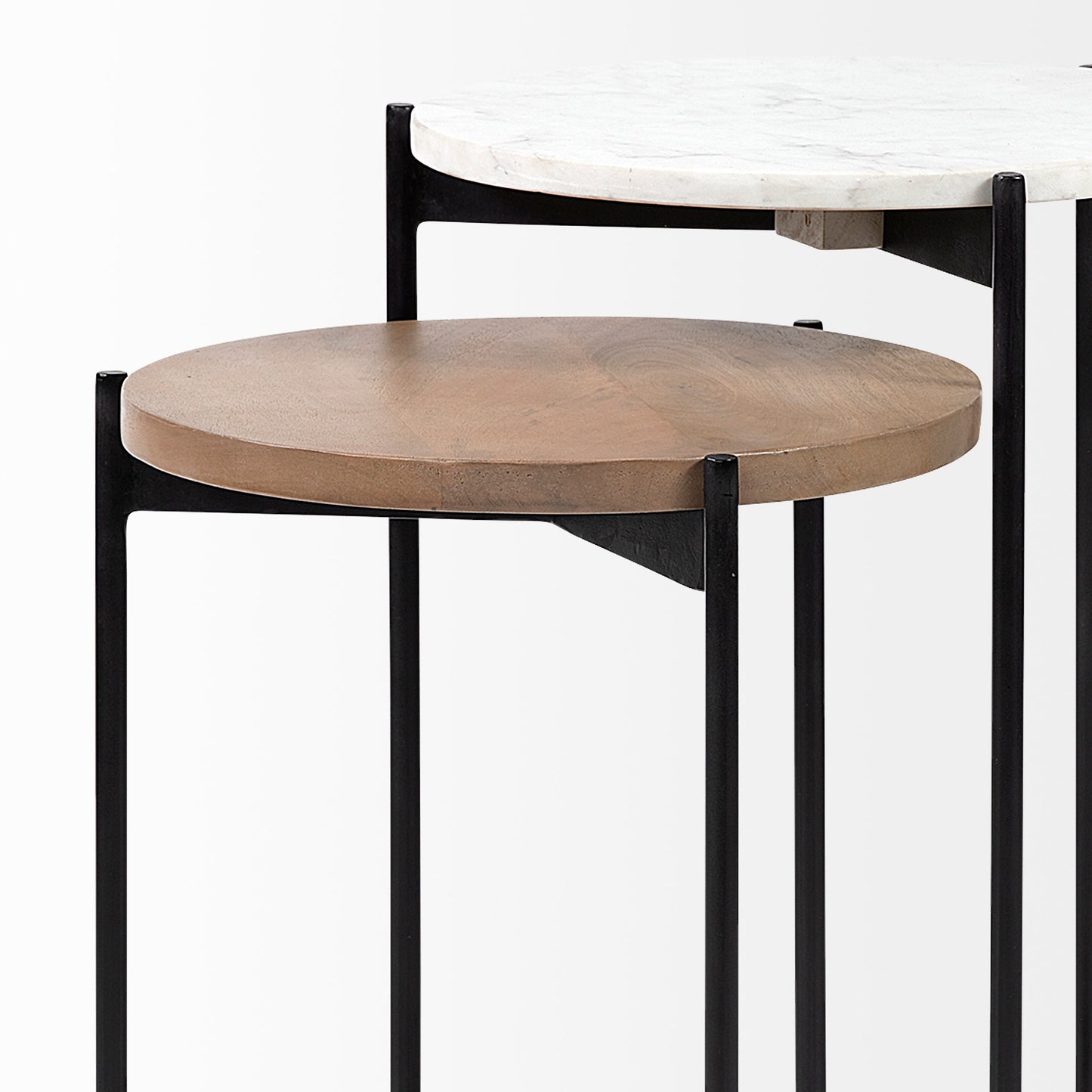 Larkin II Marble and Medium Brown Wood Round Tabletop Nesting End/Side Tables