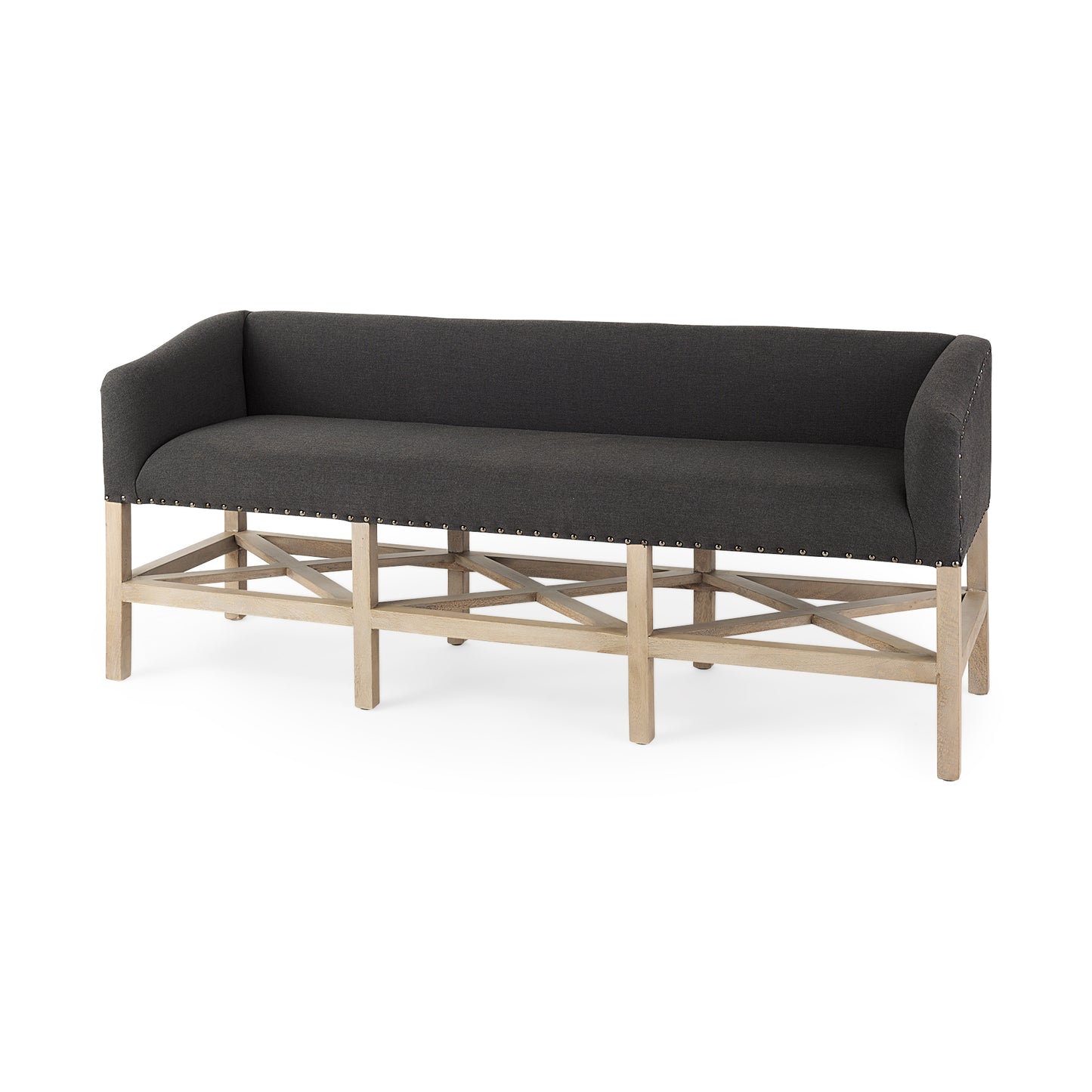 Bergen 60.0L x 19.0W x 25.5H Dark Gray Fabric W/ Light Brown Wooden Base Accent Bench